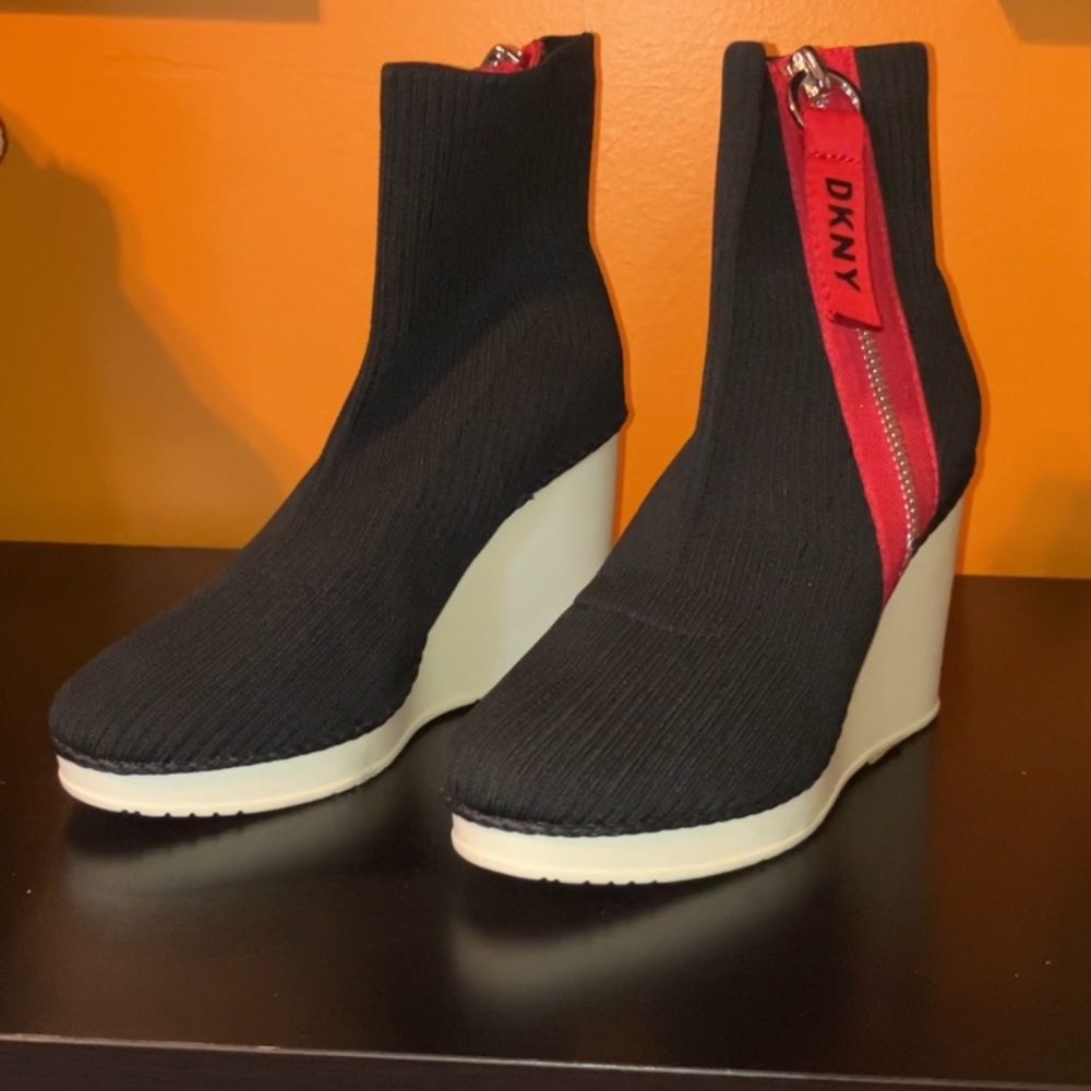 DKNY Black and Red Wedge Shoes with Sporty Design